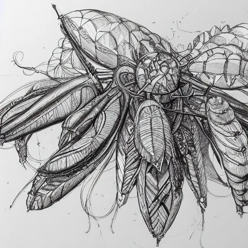 Prompt: annotated highly, detailed and intricate, sketch of a pod full of plants, marker concept art style rendering, concept art, half blueprint, trending on artstation, intricate details, center frame, annotations