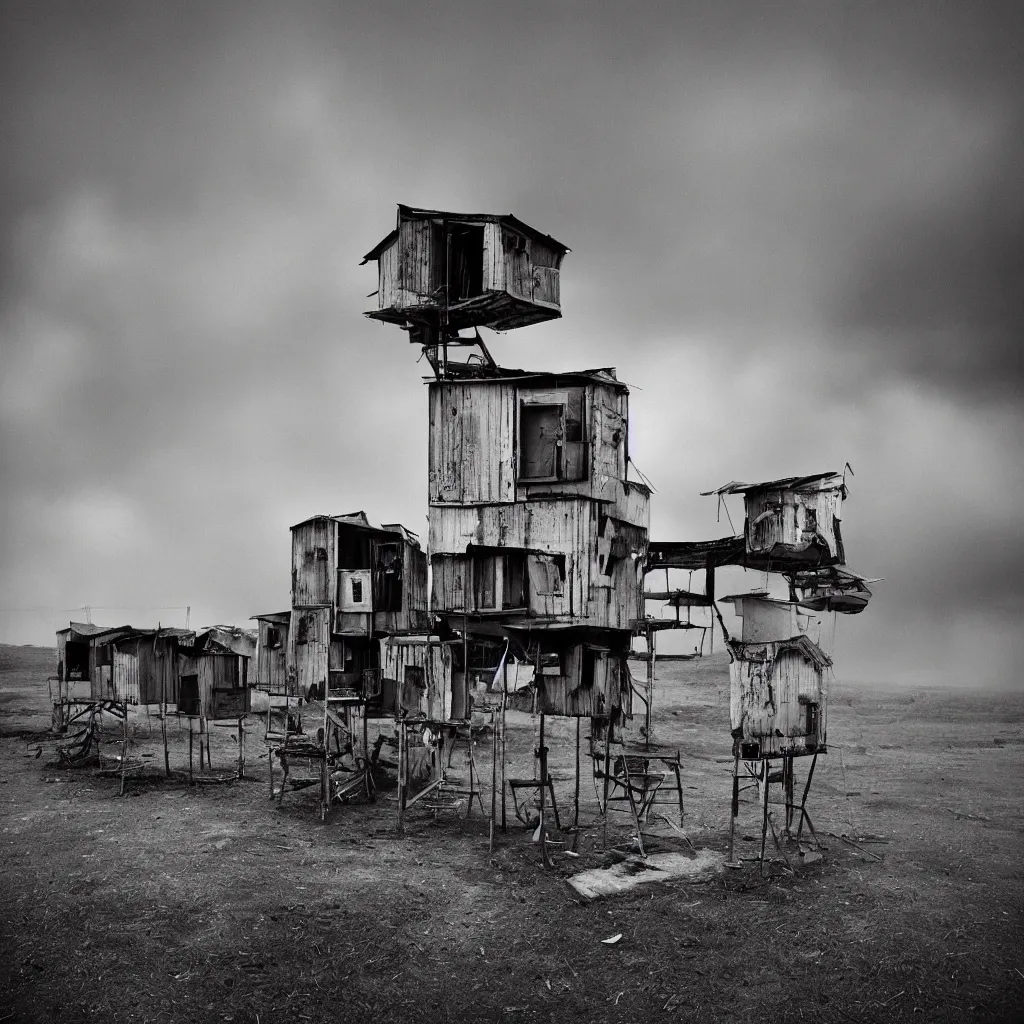 Prompt: high towers, made up of colourful makeshift squatter shacks, bleached, misty, moody sky at the back, dystopia, mamiya, f 1 1, fully frontal view, very detailed, ultra sharp, photographed by trent parke