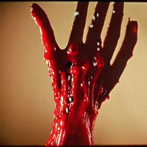 Prompt: filmic extreme closeup movie still 35mm film color photograph of a severed human hand, dripping blood, in the style of a 1980s horror movie