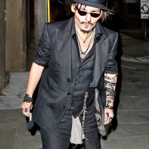 Prompt: johnny depp stumbling out of a bar at 3 am