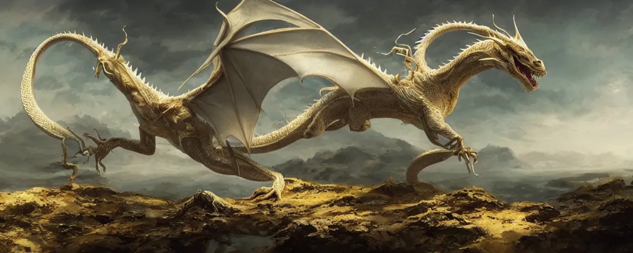 Prompt: a single long white oriental dragon without wings, long body, shiny, golden, landscape, by greg rutkowski, fantastic