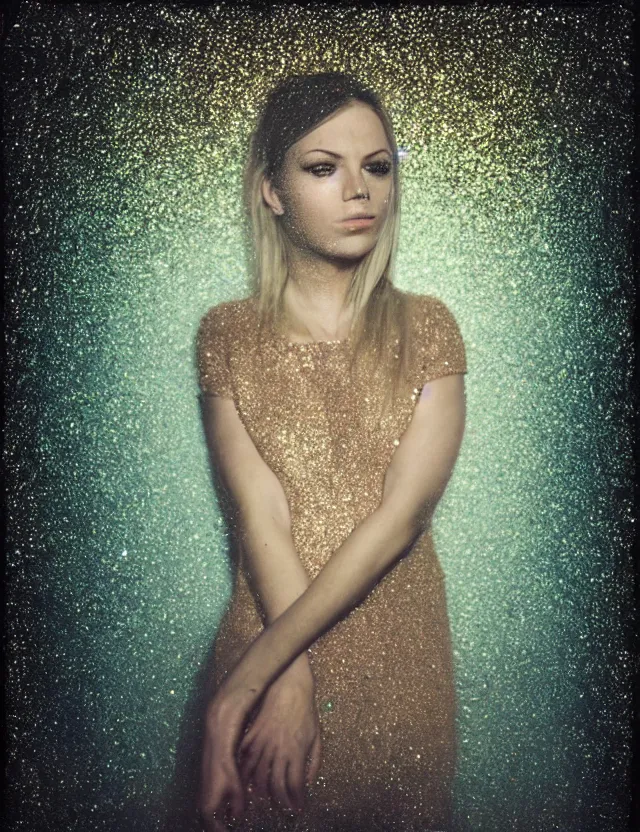 Prompt: conceptual polaroid photo with flash, portrait of a woman in glitter dress, polaroid photo strong lights, kodak film stock, hyper real, stunning moody cinematography, with anamorphic lenses, by maripol, detailed