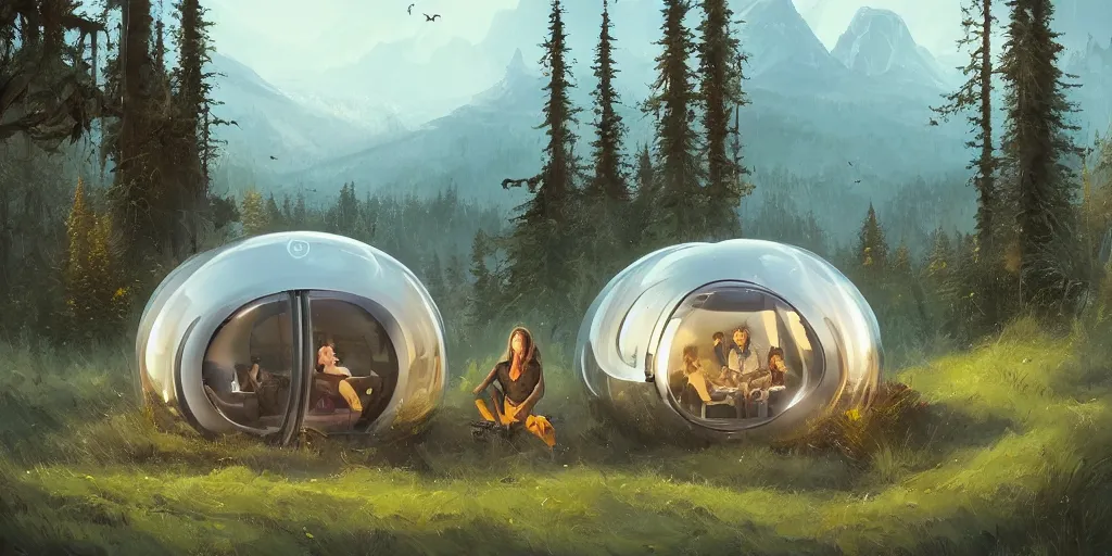 Prompt: cabela's beautiful comfortable futuristic pop up insulated all terrain family pod, cabin, modular, person in foreground, mountainous forested wilderness open fields, beautiful views, painterly concept art, joanna gaines, environmental concept art, farmhouse, magnolia, concept art illustration by ross tran, by james gurney, by craig mullins, by greg rutkowski trending on artstation