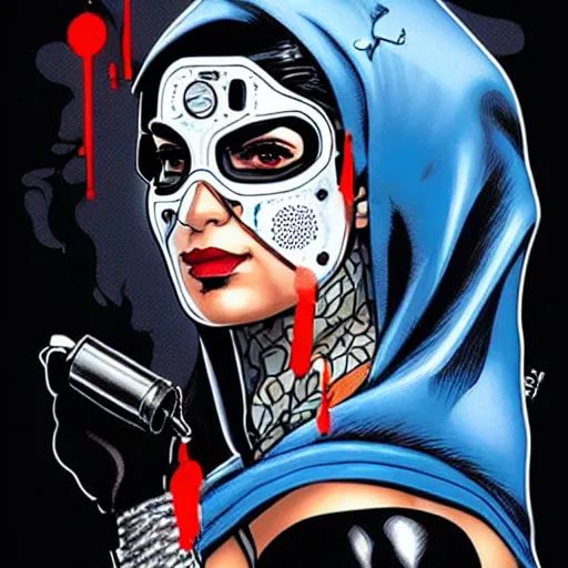 Prompt: a profile photo of a persian woman with a diving mask with side profile blood in ocean intricate details by MARVEL comics and Sandra Chevrier-C