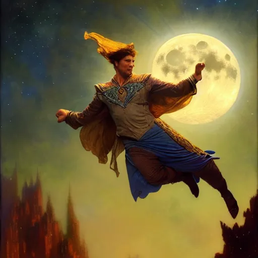 Image similar to attractive male wizard magically floating and flying high in the night sky, fantasy, full moon in background. highly detailed painting by gaston bussiere, craig mullins, j. c. leyendecker, mid shot, 8 k