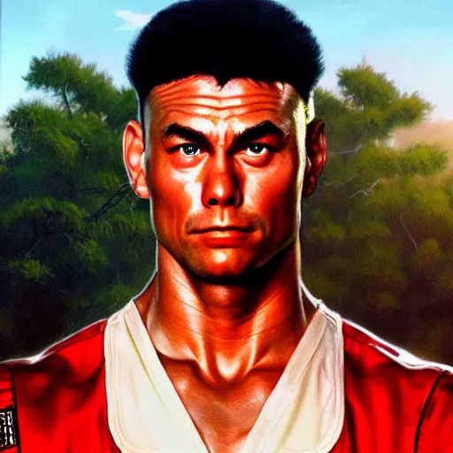 Image similar to ultra realistic portrait painting of forest gump as ryu from street fighter, art by frank frazetta, 4 k, ultra realistic, highly detailed, epic lighting