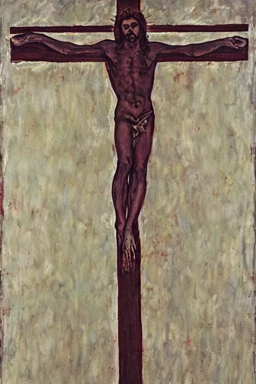 Image similar to jesus christ crucified painted by cy twombly and andy warhol