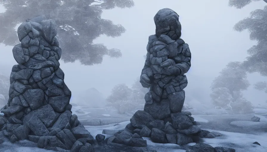 Prompt: Giant stone statue with villages built all around in the snowy mountains, light morning fog, volumetric light, hyperdetailed, artstation, cgsociety, 8k