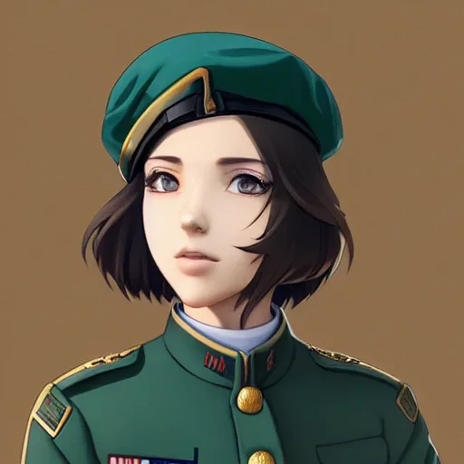 Prompt: portrait bust of young woman with shoulder - length light brown hair and hazel eyes dressed in a sharp dark teal military uniform with beret, smiling, ilya kuvshinov, anime, loish, ross tran