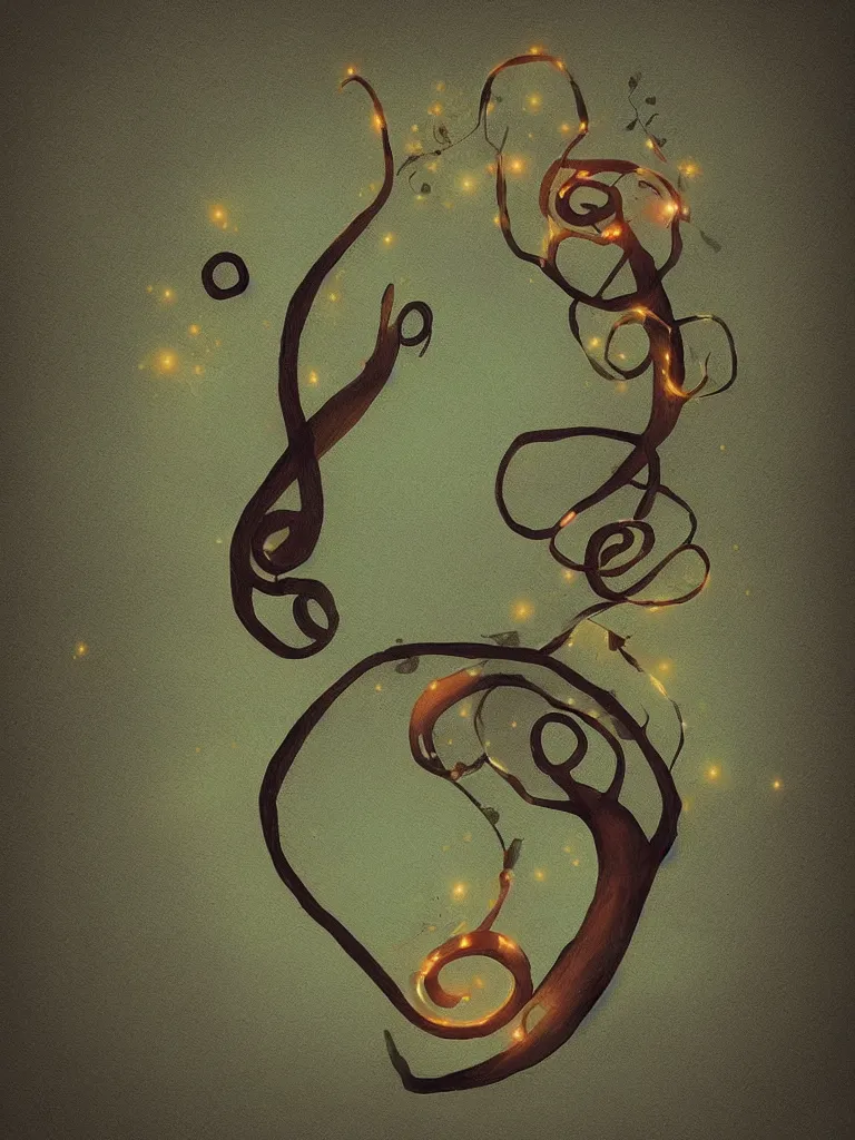 Prompt: a digital painting of an acorn that turns into a tree in the shape of a treble clef with some light effects, dynamic, energetic, but minimal af