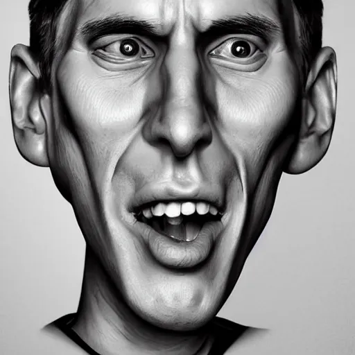 Image similar to Caricature portraits done of Jerma realistic, hyperrealistic, very realistic, highly detailed, very detailed, extremely detailed, detailed, oil painting, digital art, trending on artstation