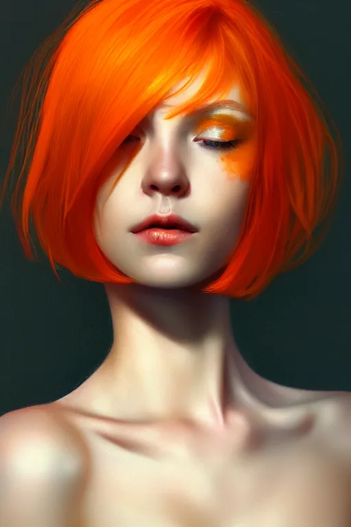 Image similar to Portrait of a beautiful pale skin Nordic female with short orange hair, elegant, photorealistic, highly detailed, artstation, smooth, sharp focus, gold ornaments, neon lighting, sci-fi, art by Klimt.