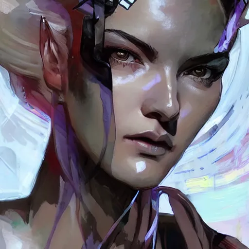 Image similar to a beautiful side portrait painting of an angelical nurse. she has a purple cross in her forehead. looks like an angel. art by yoji shinkawa and sandra chevrier, trending on artstation, award - winning, perfect composition.