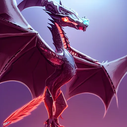 Image similar to cute anthropomorphic female robot dragon doing an elegant pose, with two big epic wings behind her, two arms that have 5 fingers each, two legs, a long tail; high quality digital art, artstation, unreal engine HD render, deviantart, furaffinity