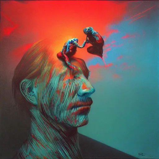 Image similar to rowdy roddy piper, art by beksinski and pauline baynes, trending on artstation, iridescent cool blue and cyan and red and blue and yellow and green lighting camera view from above surrealism, very very intricate, concept art, fisheye lens, situationist international