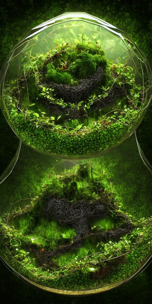 Prompt: graphic of terrarium, vines wrap around the terrarium, unreal engine 5, blender, depth of field, ultra realistic, cinematic, mystical, enchanted, macro, artstation, megascan, intricate, epic, Quixel, weta digital, focus, octane render, v-ray, digital art, highly detailed illustration, golden ratio, prism undertones, rule of thirds