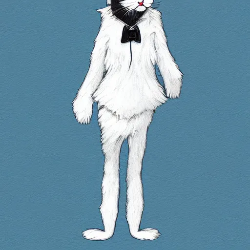 Image similar to anthropomorphic cat, cat furry, cat fursona, full body, furry art, white fur, digital painting.