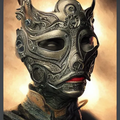 Image similar to Very very very very highly detailed epic photo of face with venetian mask, intricate, dystopian, sci-fi, extremely detailed, digital painting, artstation, concept art, smooth, sharp focus, illustration, intimidating lighting, incredible art by Artgerm and Brom and Vincent di Fate