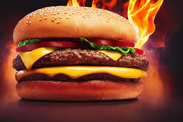 Prompt: mcdonalds hamburger on fire, commercial photography