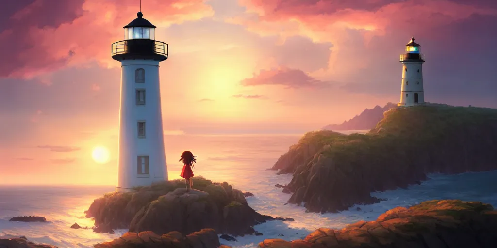 Image similar to the girl and the lighthouse. beautiful sunrise. matte painting, anime, studio ghibli. intricate, elegant, super highly detailed, professional digital painting, artstation, concept art, smooth, Unreal Engine 5, Photorealism, HD quality, 8k resolution, cinema 4d, 3D, beautiful, cinematic