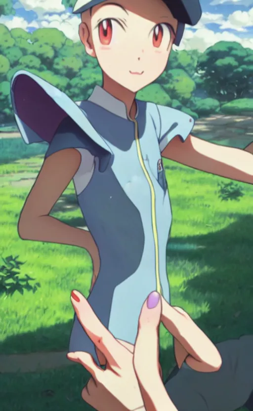 Prompt: a pokemon go card from 1 9 5 0, illustration, insect trainer girl, clear sky background, lush landscape, concept art, anime key visual, trending pixiv fanbox, by wlop and greg rutkowski and makoto shinkai and studio ghibli and kyoto animation, realistic anatomy, symmetrical facial features, short hair, hair down