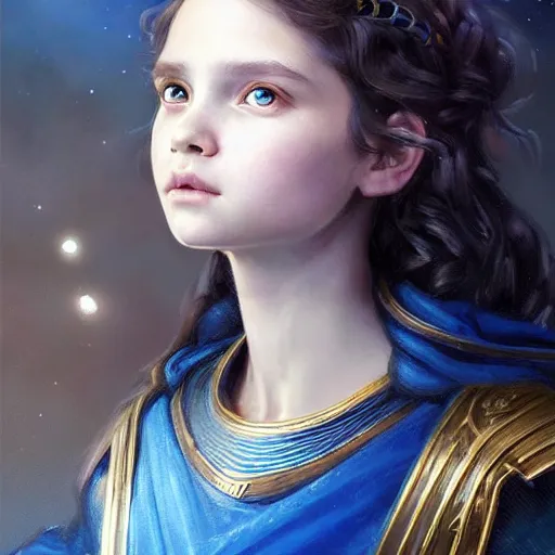 Image similar to a little girl with short wavy curly light brown hair and blue eyes, a space empress in byzantine style. beautiful highly detailed face, painting by artgerm and greg rutkowski and raymond swanland.