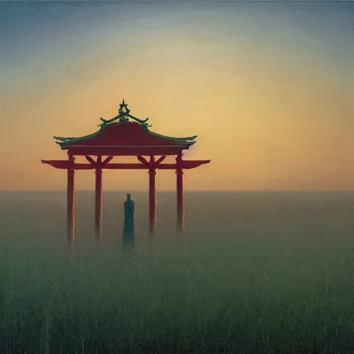 Image similar to A beautiful painting of A Torii over a plain,sunset,dim by Zdzisław Beksiński and Ilya Repin,In style of Post-Apocalyptic.digital art, illustration,hyper detailed,smooth, sharp focus,trending on artstation,oil on the canvas,4k