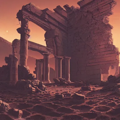 Image similar to ancient ruins in mars, retrowave epic art, trending in art station