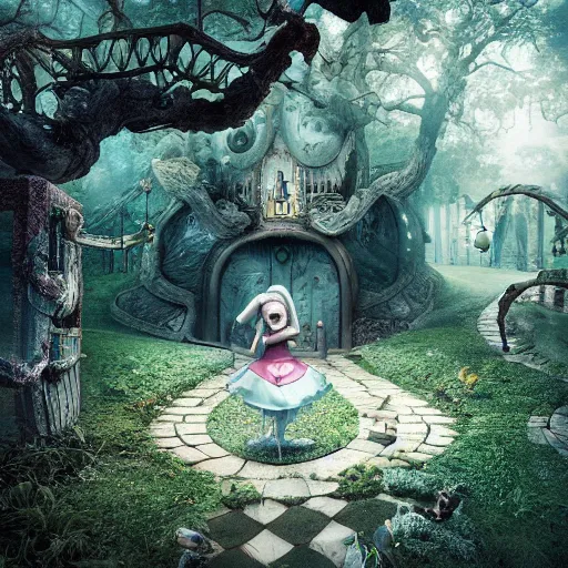 Image similar to alice in wonderland 3 d, mistic atmosphere, scarry, octane render, intricate, hyper detailed, morning light, well rendered