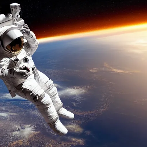 Prompt: astronaut seeing earth sitting in space ship through a apocalypse in the earth