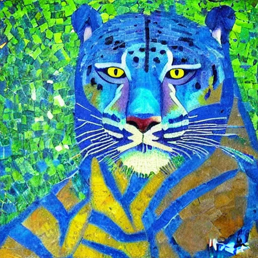 Image similar to church painting of the god of nature, the blue panther, impressionistic mosaic