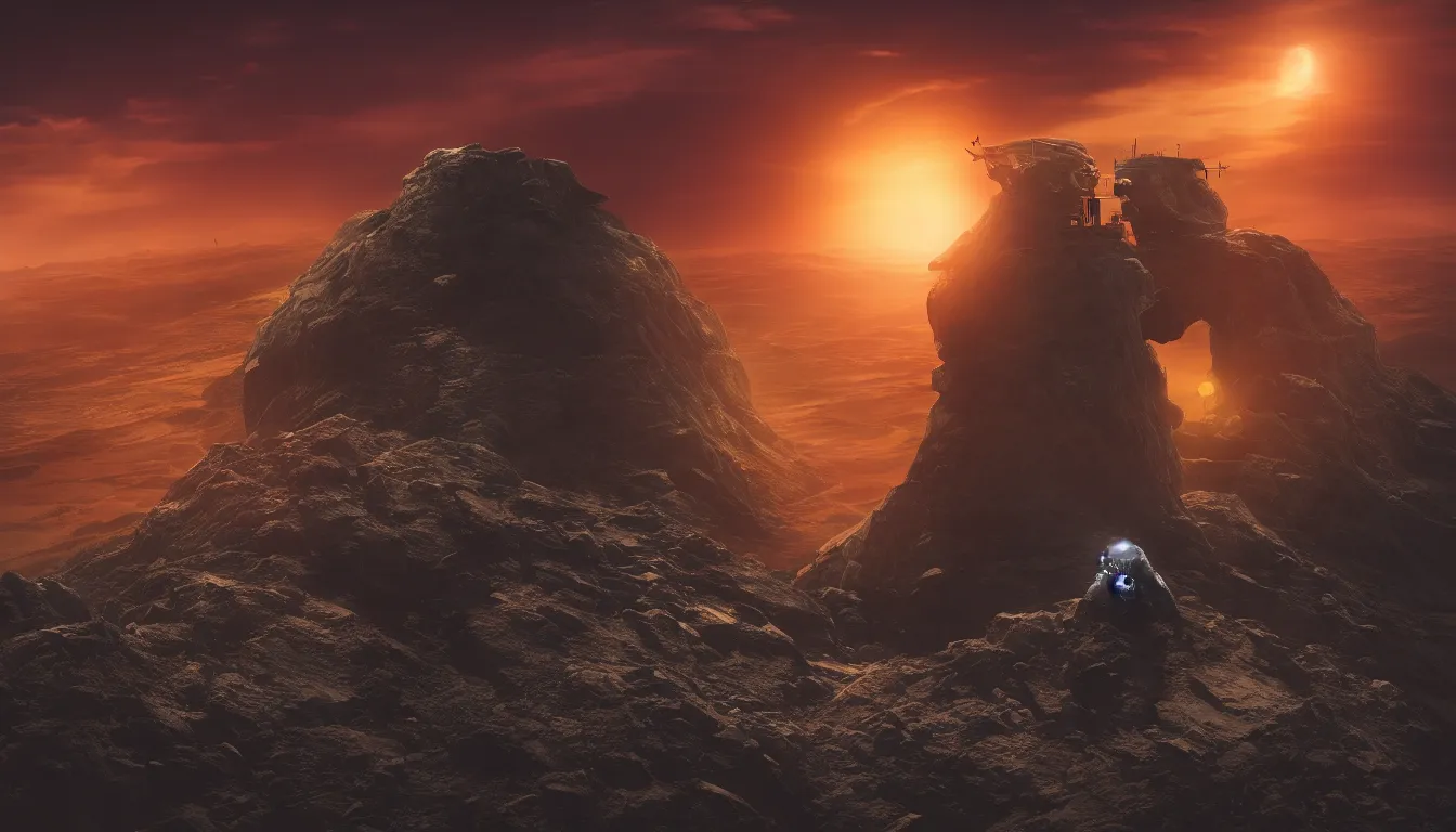 Prompt: lone cyberpunk astronaut sat on top of a mountain looking at the horizon of a unknown planet, close shot, sunset, cinematic, epic, dark scenario, 8k, award winning,