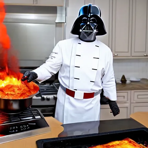 Image similar to darth vader cooking lasagna, cooking show