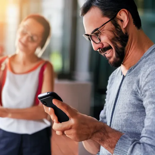 Image similar to man chuckling at his smartphone, woman sighing with frustration