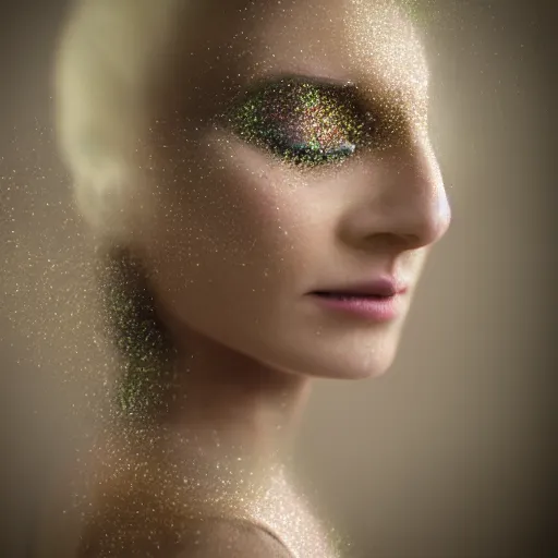 Image similar to canon mark 5, motion blur, realistic character portrait photo of a beautiful woman, muted colours, by britt marling, glitter storm