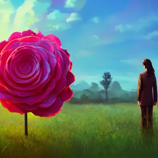 Image similar to closeup, giant rose flower head, frontal, girl in a suit, surreal photography, sunrise, dramatic light, impressionist painting, digital painting, artstation, simon stalenhag