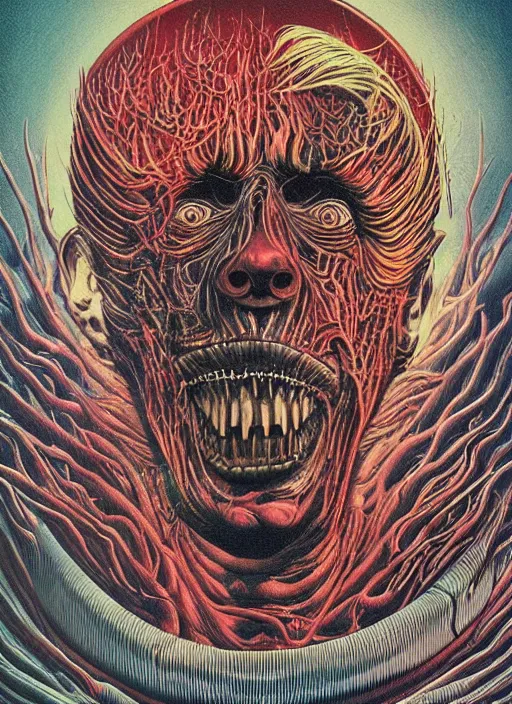 Prompt: donald trump's grotesque true form revealed, horror, high details, intricate details, by vincent di fate, artgerm julie bell beeple, 1 9 8 0 s, inking, vintage 8 0 s print, screen print