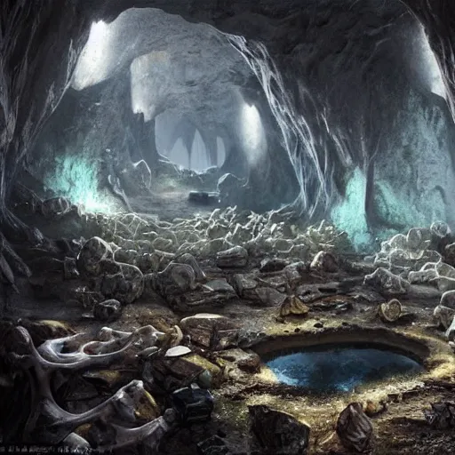 Prompt: beautiful matte painting of the inside of a cave with glowing crystals on the walls and bones on the floor, fantasy, sharp focus