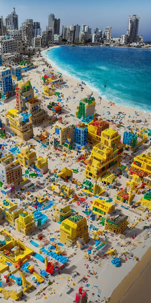 Image similar to Tel-Aviv beach, the buildings are Lego, the sand is yellow M&Ms, the sea is glitter, high-detaild, unreal engine 5, 4K UHD image