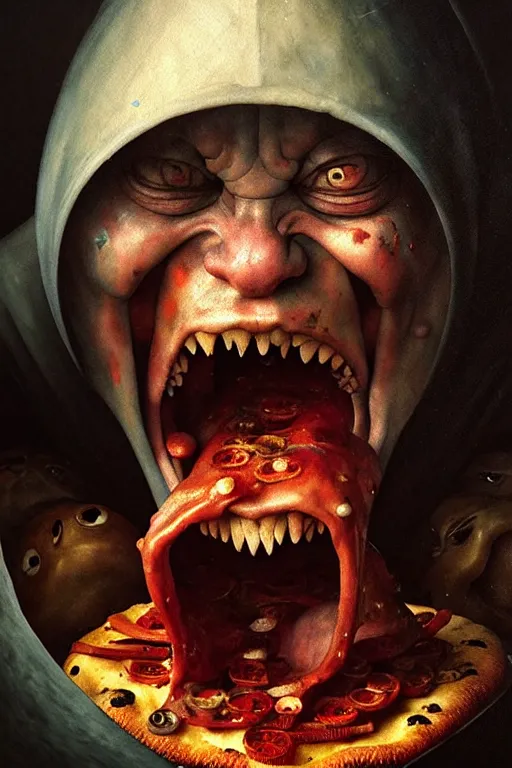 Image similar to hieronymus bosch, greg rutkowski, anna podedworna, painting of the noid, extreme close up, insane face, screaming and crying eating pizza