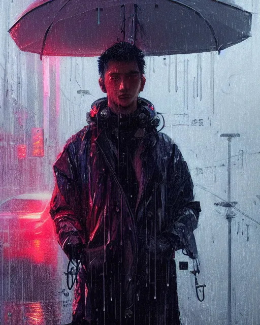 Image similar to detailed portrait, rain, cyberpunk futuristic neon, reflective puffy coat, decorated with traditional japanese ornaments by ismail inceoglu dragan bibin hans thoma greg rutkowski alexandros pyromallis nekro rene maritte illustrated, perfect face, fine details, realistic shaded, fine - face, pretty face