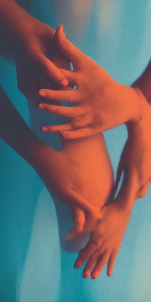 Image similar to a blurry closeup picture of woman's skin gripped tightly, female bodies, hands, macro photography, long exposure photograph, surrealism, anamorphic bokeh, orange and cyan lighting, cinematic