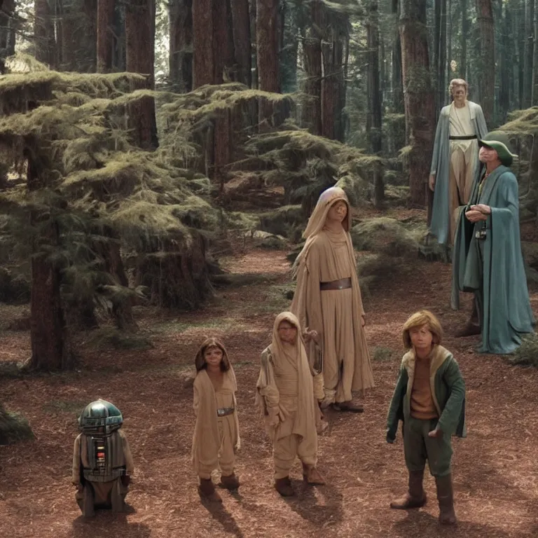 Image similar to film still from a star wars movie made by wes anderson, yoda and luke skywalker, in the style of wes anderson