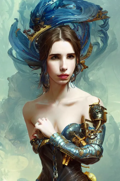 Image similar to emma roberts a baroque steampunk, augmented cyborg, half body, d & d, fantasy, intricate, elegant, highly detailed, colorful, vivid color, digital painting, artstation, concept art, art by artgerm and greg rutkowski and alphonse mucha and ruan jia