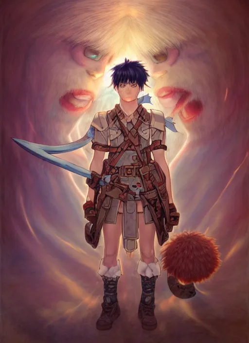 Image similar to prompt : ragnarok online portrait soft light painted by james jean and katsuhiro otomo and erik jones, inspired by akira anime, epic fantasy, a young dark skinned long haired boy peasant in plain fantast clothing with intelligent eyes, intricate oil painting, high detail illustration, sharp high detail, manga and anime 1 9 9 9