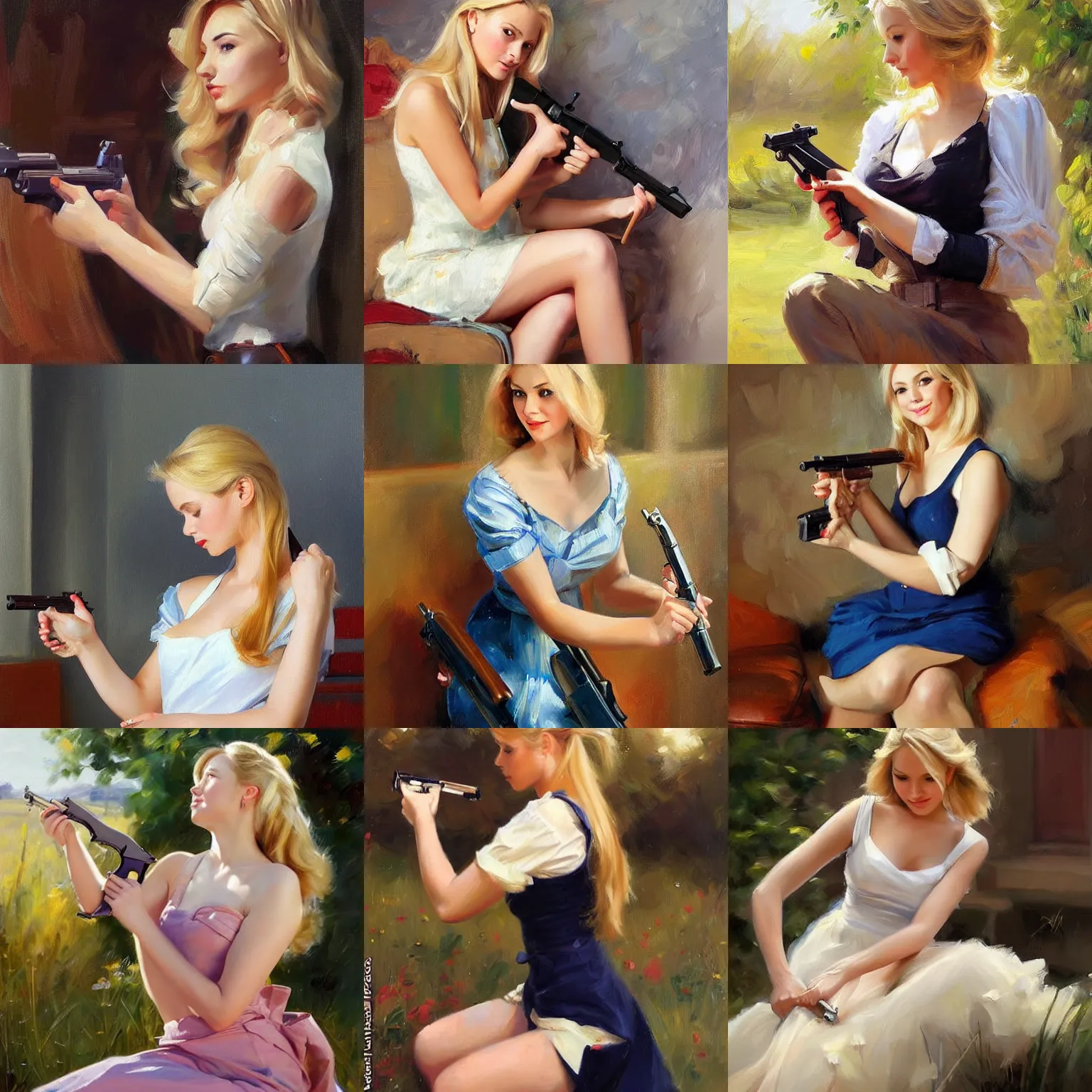 Prompt: blonde young woman reloading her gun, painting by Vladimir Volegov, full body, highly detailed