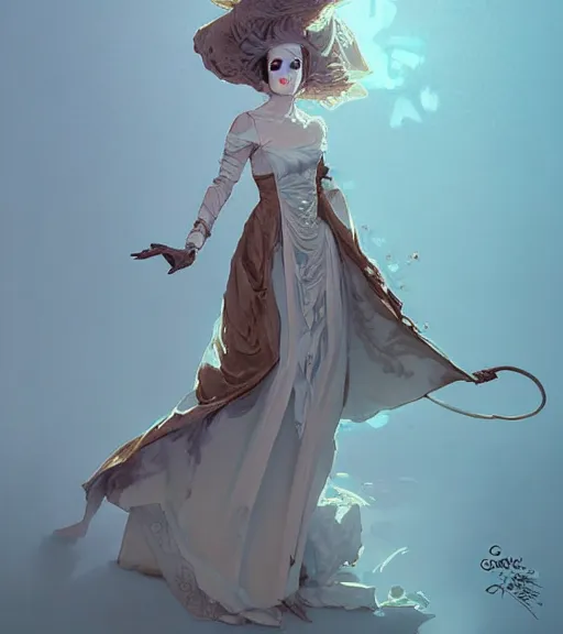 Image similar to portrait of a baroque dress design from fantasy world for dragon queen by atey ghailan, by greg rutkowski, by greg tocchini, by james gilleard, by joe fenton, by kaethe butcher, dynamic lighting, gradient light blue, brown, blonde cream and white color scheme, grunge aesthetic