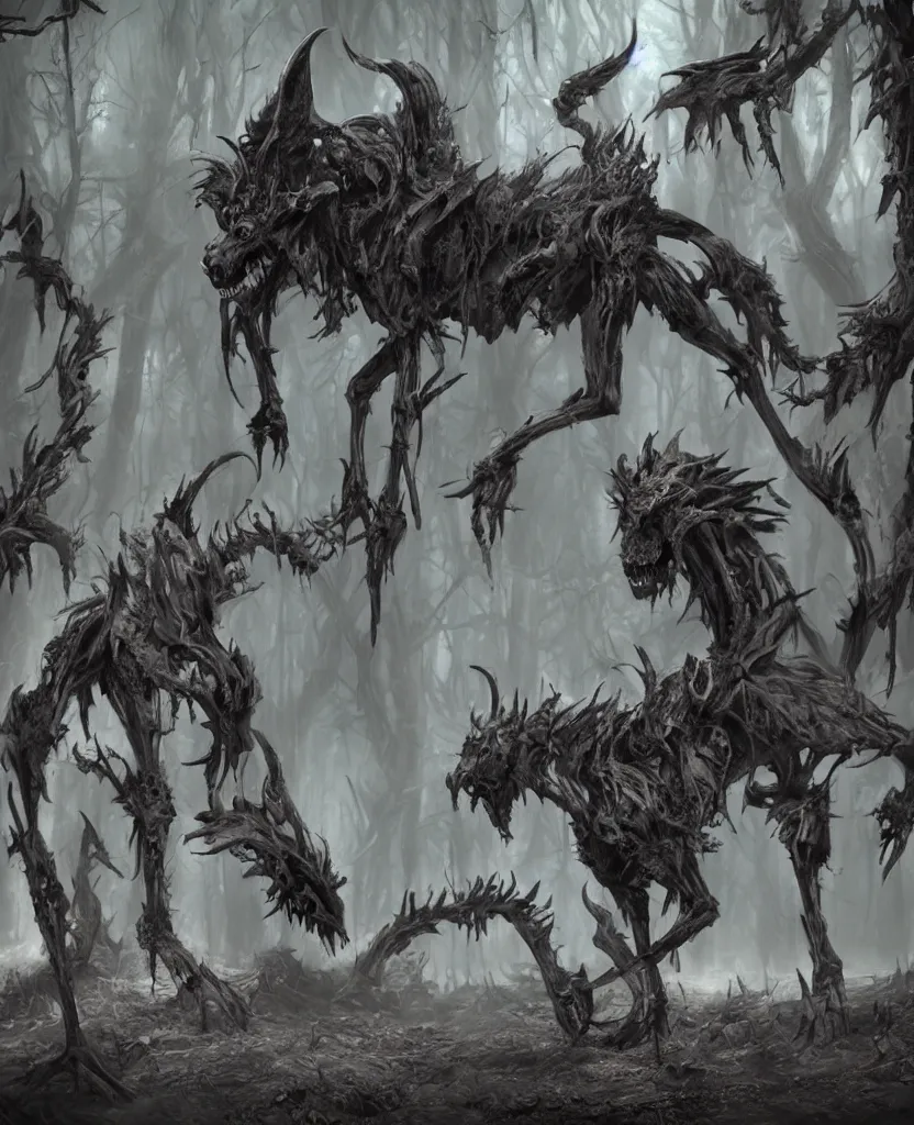 Prompt: concept art of a demon hound on a forest made of corpses, big trees, skeletons, epic painting, dark concept art, octane render, extremely detailed