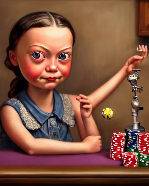 Prompt: closeup profile portrait of a tin toy greta thunberg as a 1 9 3 0 s gangster's moll in a gambling den, bikini, hyper realistic, artstation, illustration, nicoletta ceccoli, mark ryden, lostfish, max fleischer, digital paint, matte paint, vivid colors, bright, cheerful, detailed and intricate environment