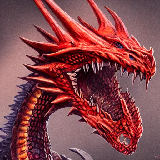 Prompt: head of red fire breathing dragon, reptilian eyes, extremely detailed, 8k, concept art, high fantasy